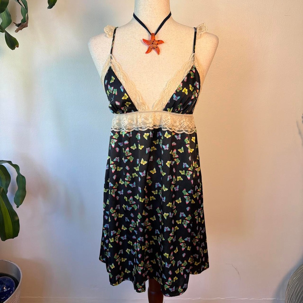 Victoria's Secret Vintage Y2K Butterfly Lace Slip Dress Black Multi Small